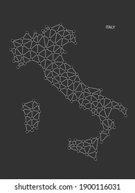 Italy Map Point scales on black background. Wire frame polygonal network white line, dot and shadow dot.
