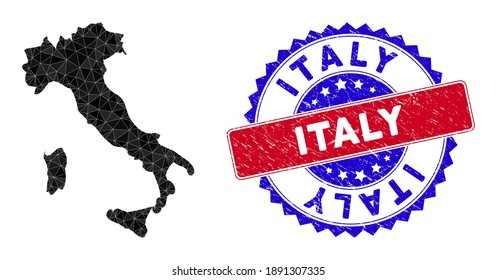 Italia mapea la malla poligonal con triángulos rellenos y la imitación del sello bicolor de goma. Mapa de Italia de mosaico triangular con modelo vectorial de malla, triángulos con diferentes tamaños, posiciones y tintos de color.