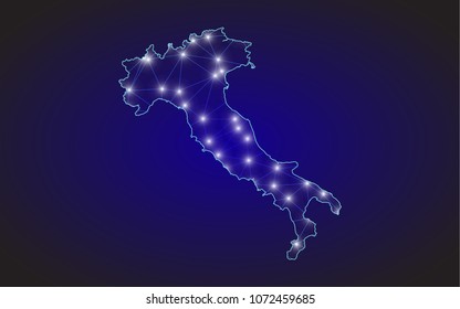 Italy map of polygonal mosaic lines network, rays and space stars of vector illustration