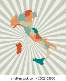 Italy map. Poster with map of the country in retro color palette. Shape of Italy with sunburst rays background. Vector illustration.
