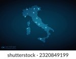 Italy map radial dotted pattern in futuristic style, design blue circle glowing outline made of stars. concept of communication on dark blue background. Vector EPS10