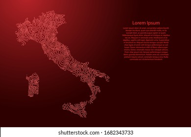Italy map from red isolines or level line geographic topographic map grid. Vector illustration.