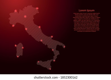 Mapa de Italia de líneas paralelas inclinadas por un patrón rojo y una rejilla de estrellas espaciales brillantes. Ilustración vectorial.
