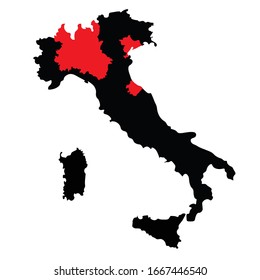 Italy map with regions lockdown due to Coronavirus quarantine as of March 8 2020. Black silhouette of Italy map. Vector illustration. 