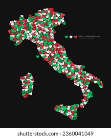 Italy Map From Scattered Paper Hearts In Colours Of National Flag Vector Isolated On Black Background. Italy Border In Official Colors Graphic Pattern Art Illustration For Print And Poster Design