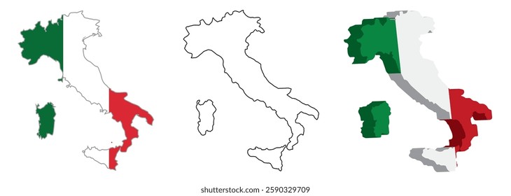 Italy map set  flag color ,white-black outline and 3d italy map set