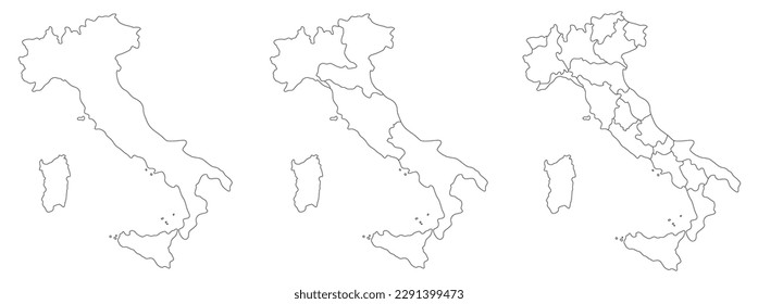 Italy map set white-black outline with regions and administrative map