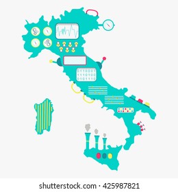 Italy map shaped machine. Cute apparatus with buttons, panels and handles. Isolated. White background.