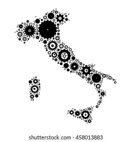 Italy map silhouette mosaic of cogs and gears. Black vector illustration on white background.
