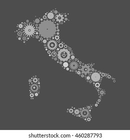Italy map silhouette mosaic of cogs and gears. Grey vector illustration on gray background.
