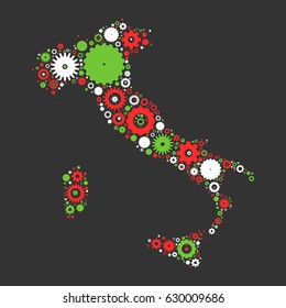 Italy map silhouette mosaic of cogs and gears. Illustration in national colors on dark grey background.