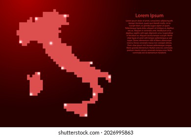 Italy map silhouette from red square pixels and glowing stars. Vector illustration.