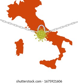 Italy map silhouette, virus lock and chain. Concept of a virus epidemic closing borders