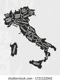 Italy Map With States. Poster Map Of Italy With State Names. Vintage Italian Background. Vector Illustration