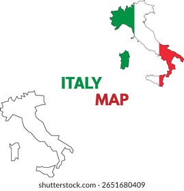 Italy map symbol shape, flag color , 3d map and white outline concept icon web vector illustration 