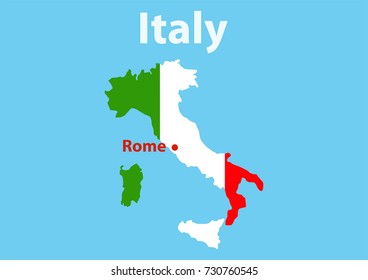 Italy. Map of the territory and the capital Rome on the background of the flag of Italy. The flag consists of three vertical stripes: green at the flagpole edge, white — in the middle, and red.