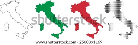 Italy map in various style outline, green, red, and dotted.