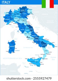 Italy Map Vector Blue Spot - Customizable layered political map of Italy with administrative divisions for website, education, reports, news, politics, print, poster and wallpaper