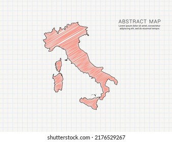 Italy map of vector color silhouette chaotic hand drawn scribble sketch on grid paper.