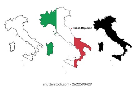 Itália Mapa Vetor - Contorno do País, Bandeira Dentro Mapa, Branco e Versão Silhueta