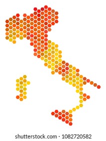 Italy map. Vector honeycomb geographic plan in fire color tinges. Impressive Italy map collage is designed with fire hexagon items.