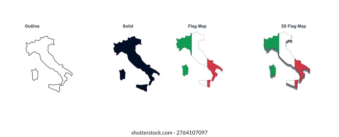 italy map vector illustration set. country map outline, solid, flag map, and 3d flag map isolated on white background.