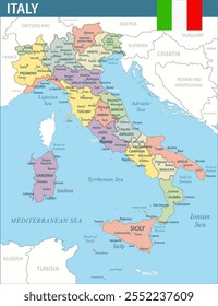 Italy Map Vector New 2024 Colorful - Customizable layered political map of Italy with administrative divisions for website, education, reports, news, politics, print, poster and wallpaper