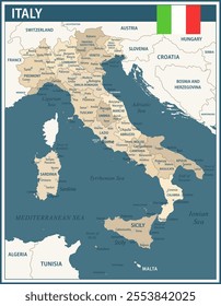 Italy Map Vector Vintage Dark Blue Beige - Customizable layered political map of Italy with administrative divisions for website, education, reports, news, politics, print, poster and wallpaper