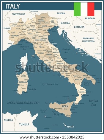 Italy Map Vector Vintage Dark Blue Beige - Customizable layered political map of Italy with administrative divisions for website, education, reports, news, politics, print, poster and wallpaper