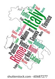 Italy map and words cloud with larger cities