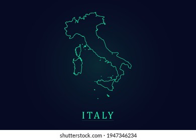 Mapa de Italia - Mapa Mundial Plantilla vectorial internacional con un contorno verde delgado o un esquema de dibujo gráfico estilo y color verde aislado en el fondo oscuro - Ilustración vectorial eps 10