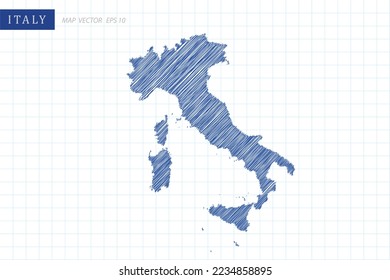 Italy Map - World Map International vector template with blue outline graphic and pen drawing sketch style isolated on white grid background for design, website - Vector illustration eps 10