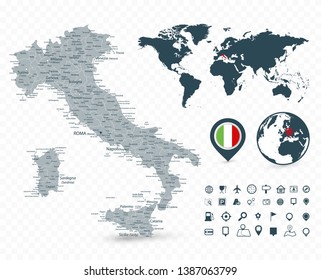 Italy Map and World Map isolated on transparent background - Highly detailed vector illustration of map.