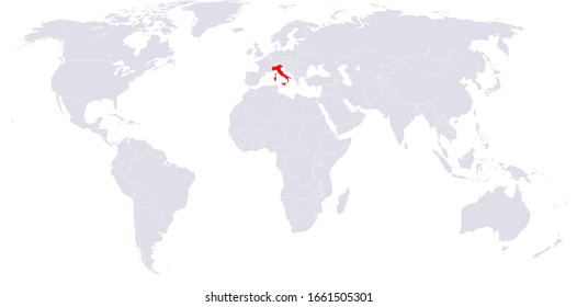 Italy Marked Red on Globe Map. Flat Design in Grey Color. Vector Illustration