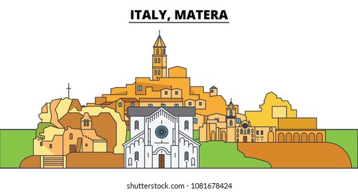 Italy, Matera. City skyline, architecture, buildings, streets, silhouette, landscape, panorama, landmarks. Editable strokes. Flat design line vector illustration concept. Isolated icons