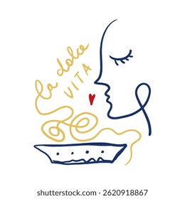 Itália mediterrâneo moderno lettering La Dolce Vita costa doodle comida, prato de massa mão desenhada vetor, italiano café de verão ou restaurante vetor arte para t shirt, menu, gráfico. Ilustração 3D