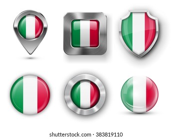 Italy Metal and Glass Flag Badges, Buttons, Map marker pin and Shields. Vector illustrations
