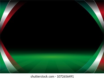 Italy and Mexico flags on football field with bright stadium lights