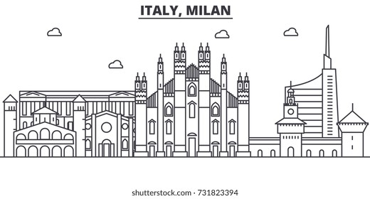 Italy, Milan architecture line skyline illustration. Linear vector cityscape with famous landmarks, city sights, design icons. Landscape wtih editable strokes