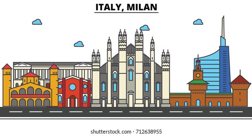 Italy, Milan. City skyline: architecture, buildings, streets, silhouette, landscape, panorama, landmarks. Editable strokes. Flat design line vector illustration concept. Isolated icons set