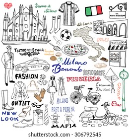 Italy, Milan Hand drawn set. Sketch elements with Duomo cathedral, flag, map, shoe, fashion items, pizza, shopping street, transport and traditional food. Drawing doodle collection, isolated on white 