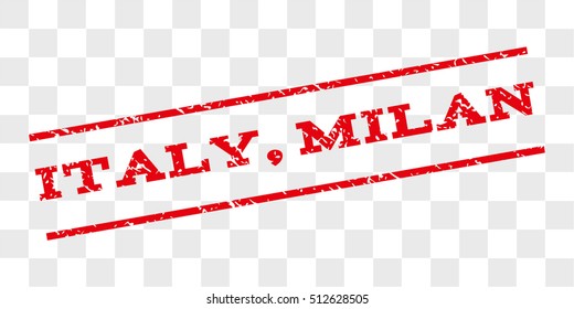 Italy, Milan watermark stamp. Text tag between parallel lines with grunge design style. Rubber seal stamp with dirty texture. Vector red color ink imprint on a chess transparent background.