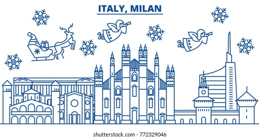 Italy, Milan winter city skyline. Merry Christmas, Happy New Year decorated banner with Santa Claus.Winter greeting line card.Flat, outline vector.Linear christmas snow illustration