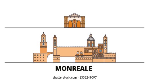 Italy, Monreale flat landmarks vector illustration. Italy, Monreale line city with famous travel sights, design skyline. 