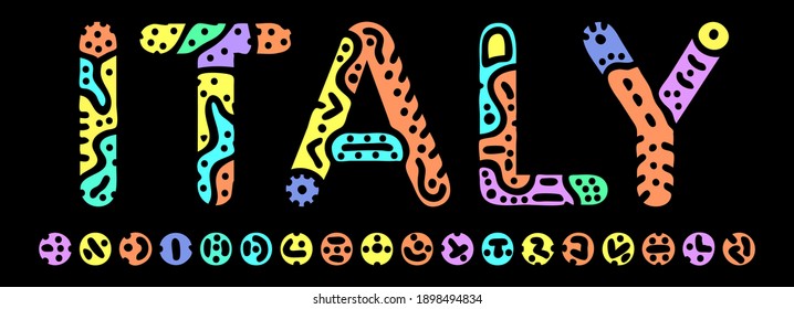 Italy. Multicolored bright isolate inscription. Colored curves decorative doodle letters. Italy for print, clothing, t-shirt, italian souvenir, booklet, banner, flyer, ads. Stock vector picture.