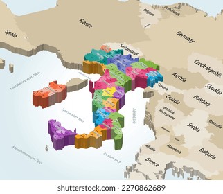 Italy municipalities isometric map colored by administrative regions with neighbouring countries