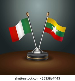 Italy and Myanmar table flags relation  with gradient backgrund. Vector Illustration