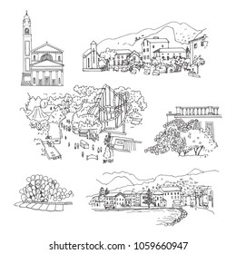 Italy. Nago-Torbole, Castelnuovo del Garda.  Vector sketch. Hand drawn public and religious buildings, Gardeland amusement park, 
architectural and natural attractions, landscapes with mountains. 