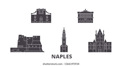 Italy, Naples flat travel skyline set. Italy, Naples black city vector illustration, symbol, travel sights, landmarks.