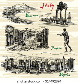 Italy- Naples, Pompeii - hand drawn set